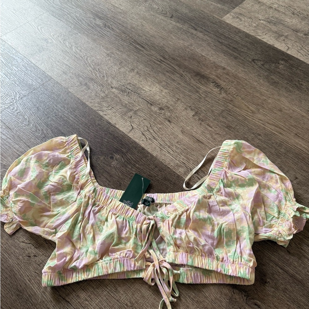 Wild Fable Pink and Green Smocked Crop Blouse